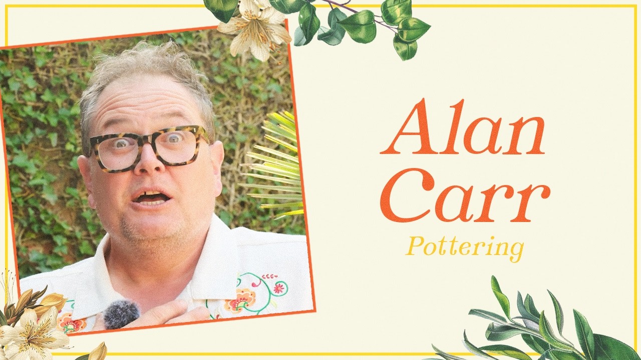 Alan Carr gardening and chatting with comedian Tom Allen