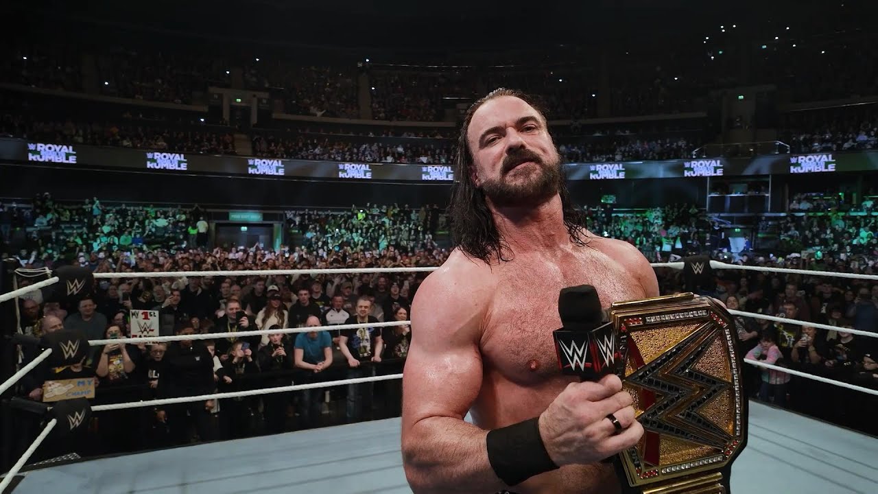 Drew McIntyre celebrating his WWE Championship win in his hometown of Glasgow Scotland