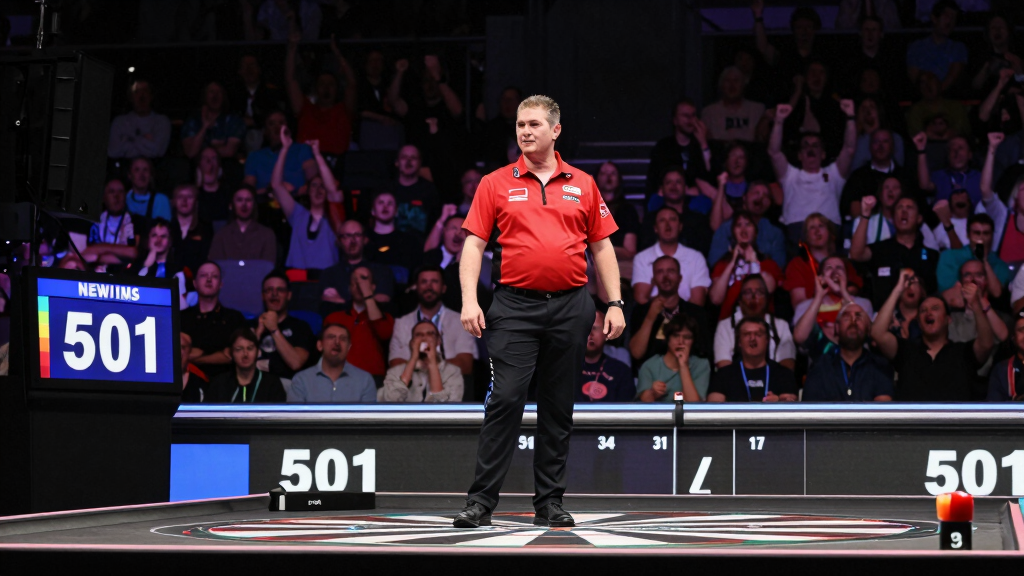 Darts player nine dart finish perfect leg scoreboard 501 crowd celebration arena
