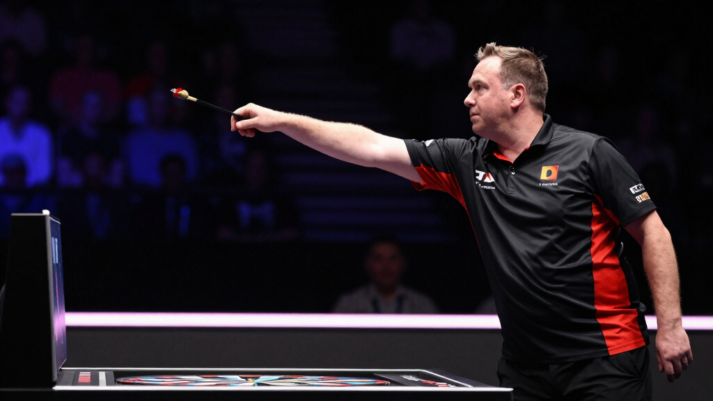 Adrian Lewis Jackpot professional darts player throwing at oche competition stage