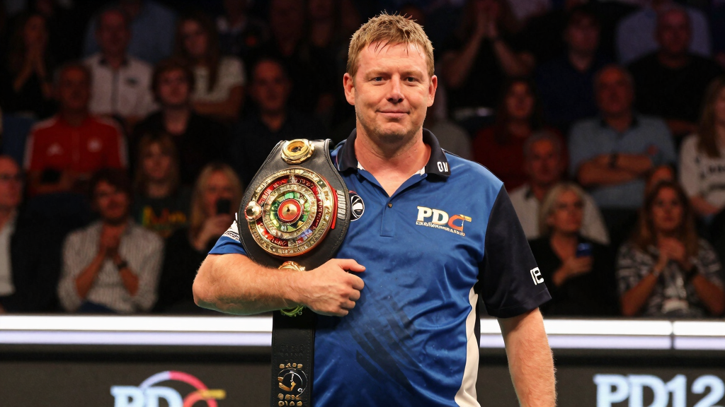 PDC World Darts Championship 2011 2012 champion holding title trophy at Alexandra Palace