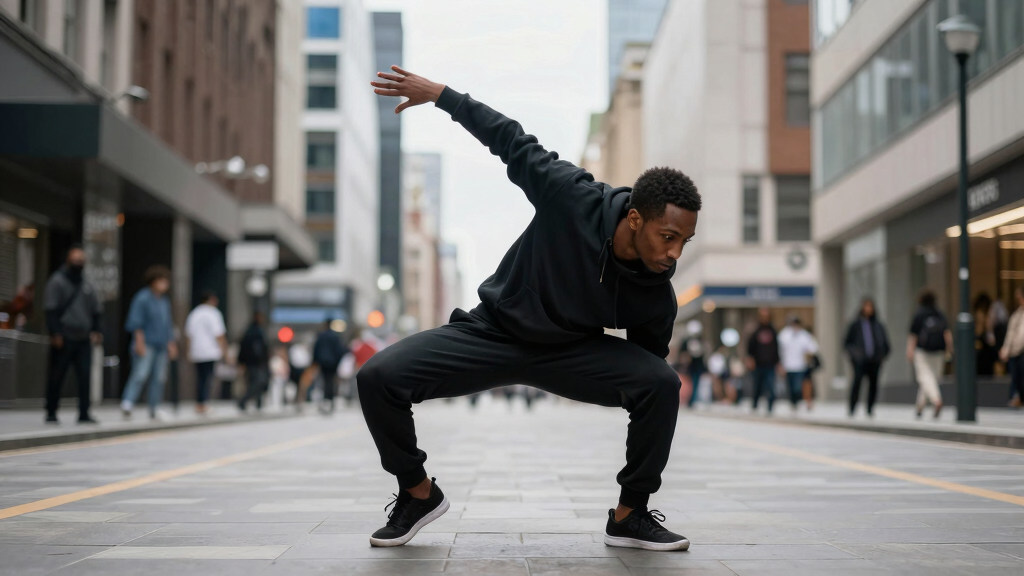 Athletic British dancer choreographer in contemporary street dance pose