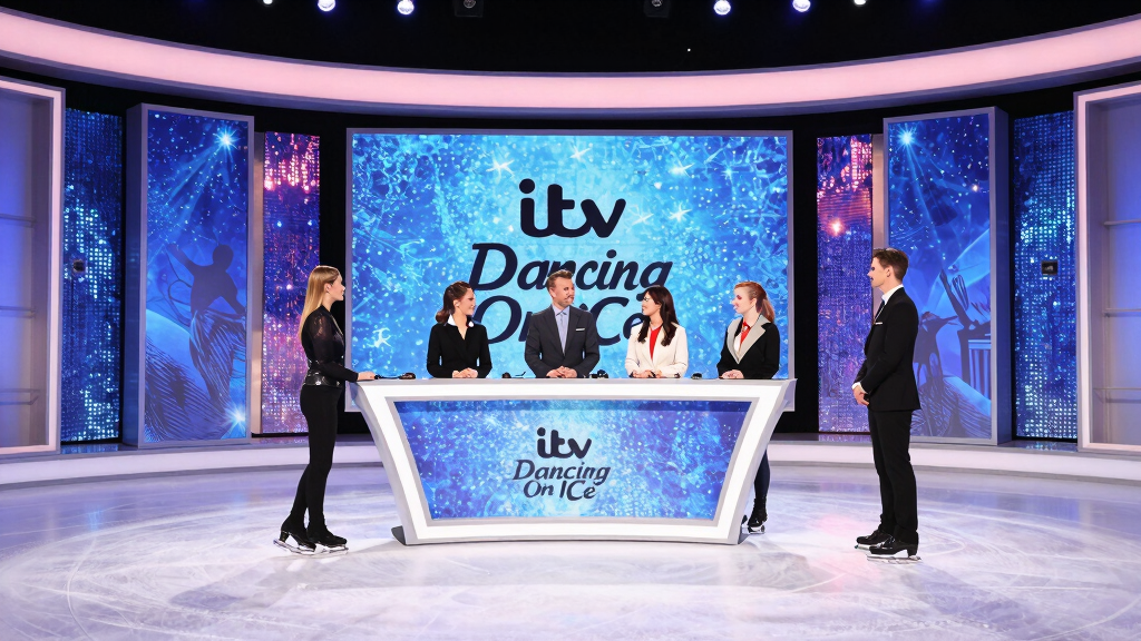 Ice skating TV show studio with glittering panels and professional judges Dancing on Ice