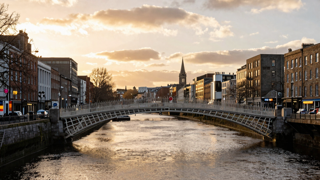 Dublin Ireland River Liffey Ha penny Bridge golden hour Irish architecture cityscape