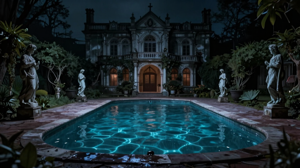 Gothic mansion swimming pool at night mysterious dark atmosphere cinematic Saltburn aesthetic