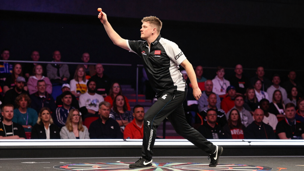 Callan Rydz The Riot throwing darts at PDC championship stage