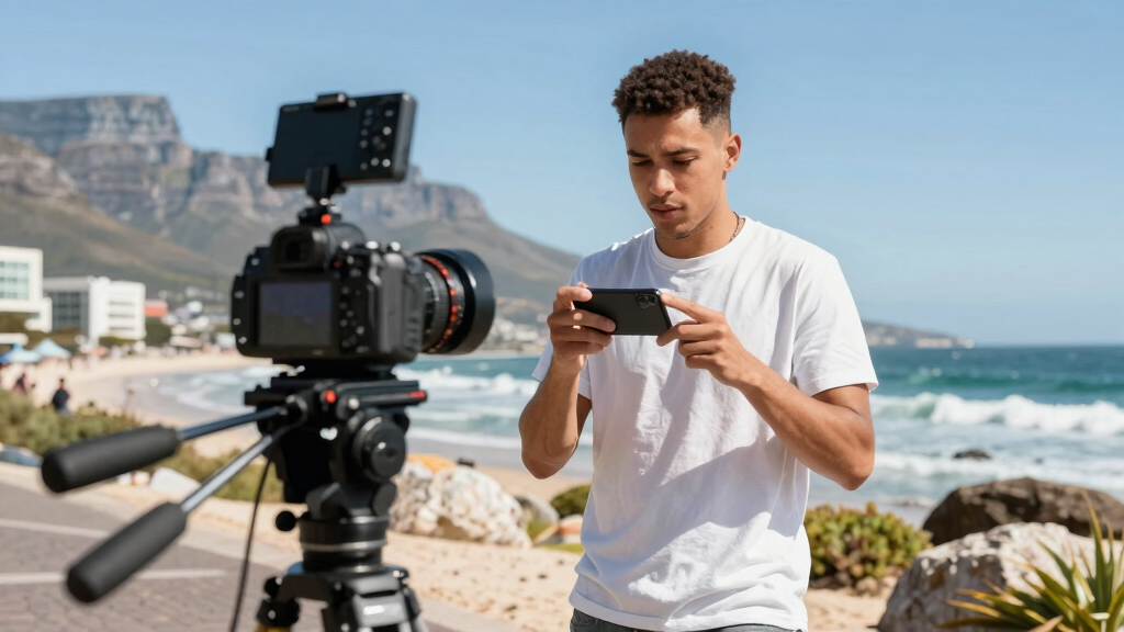 Caspar Lee filming a vlog in South Africa with Table Mountain in the background