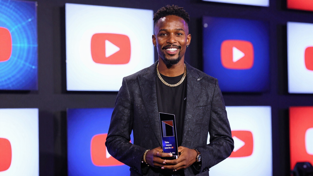 Caspar Lee at a YouTube creator summit with play button awards visible