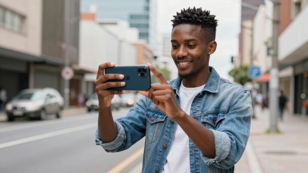 Young content creator filming vlog on smartphone urban setting