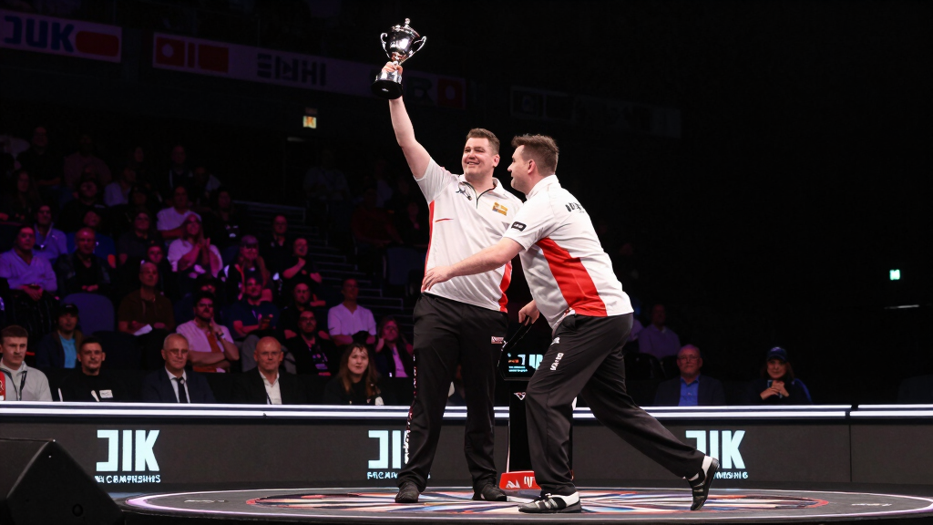 UK Open darts championship stage trophy and celebration