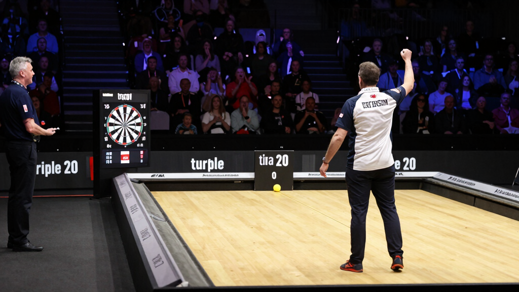 Professional darts player achieving nine-dart perfect finish on stage