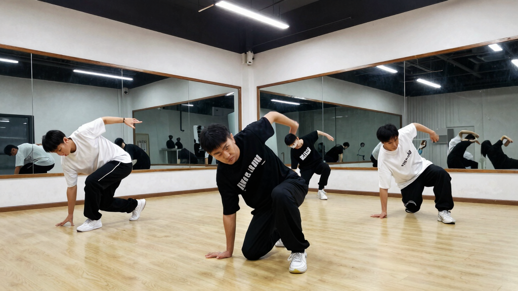 Street dance group rehearsing in a studio with mirrors energetic contemporary choreography