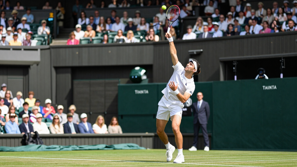 Emma Raducanu serving at Wimbledon tennis grass court, British tennis star action shot