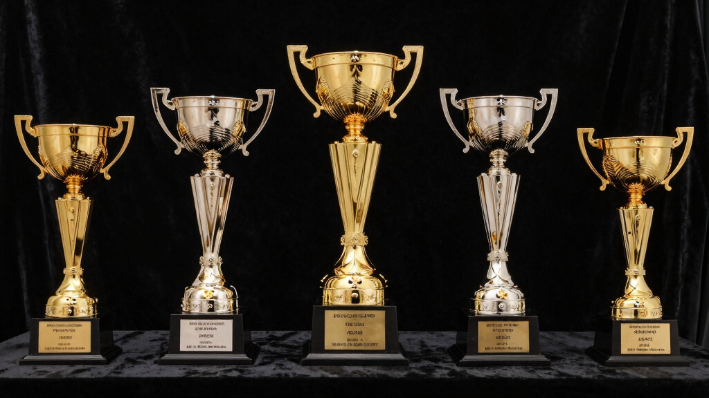 Five champion trophies representing Eric Bristow's five world darts titles