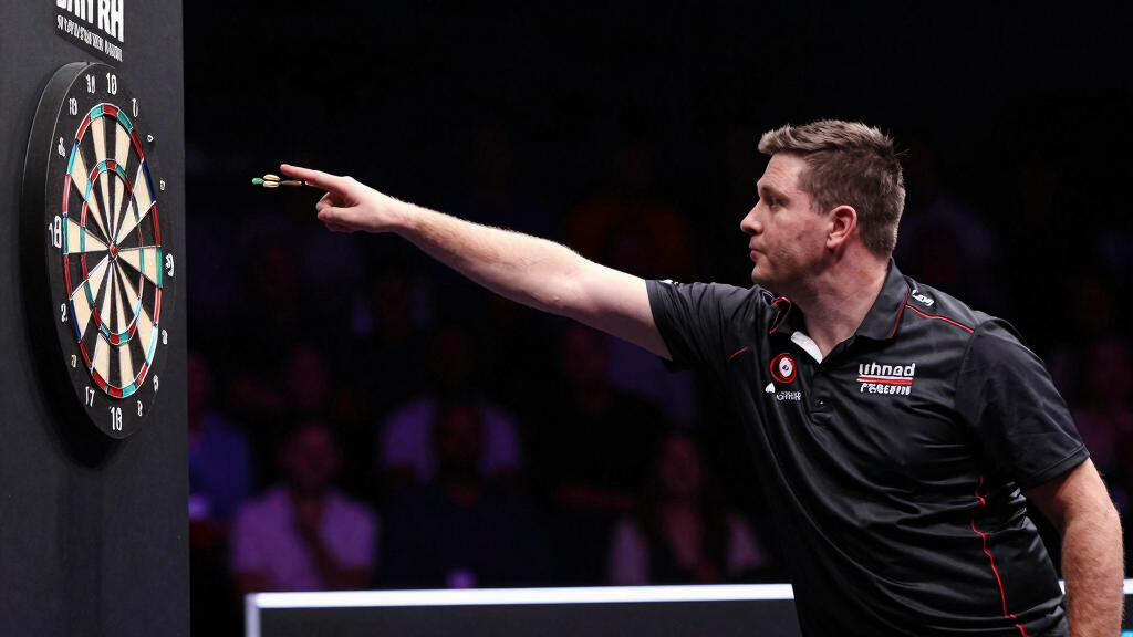 Darts player throwing at professional championship