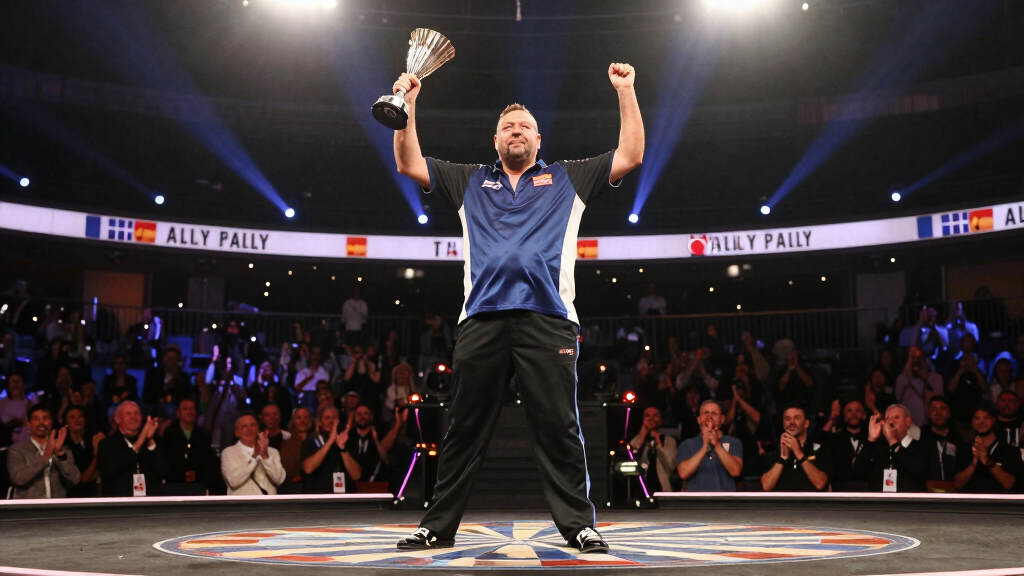 Gary Anderson darts world champion celebrating PDC title