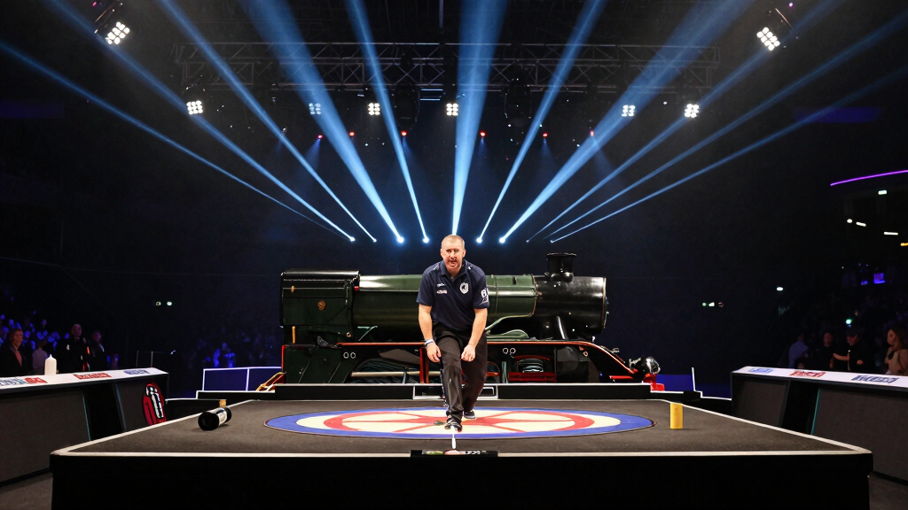 Gary Anderson competing in Premier League Darts with dramatic arena lighting