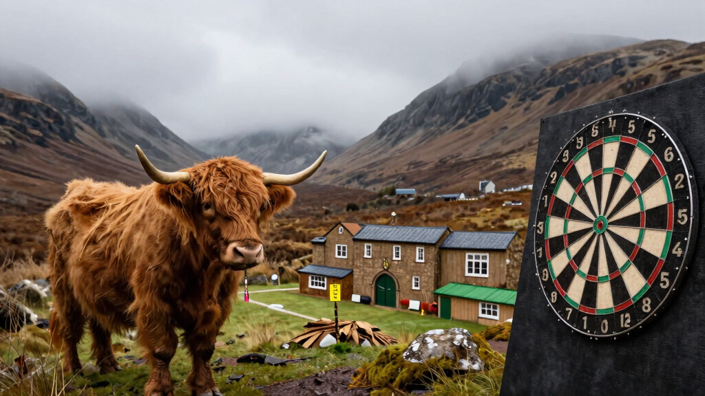 Scottish darts legacy imagery with Highland landscape and darts symbolism