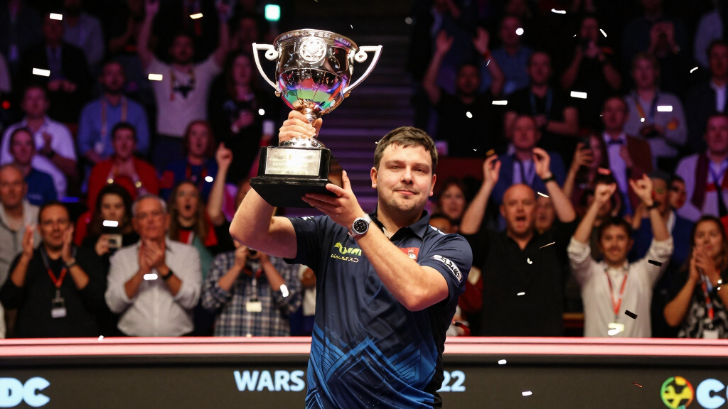 PDC World Darts Championship final Alexandra Palace champion holding trophy