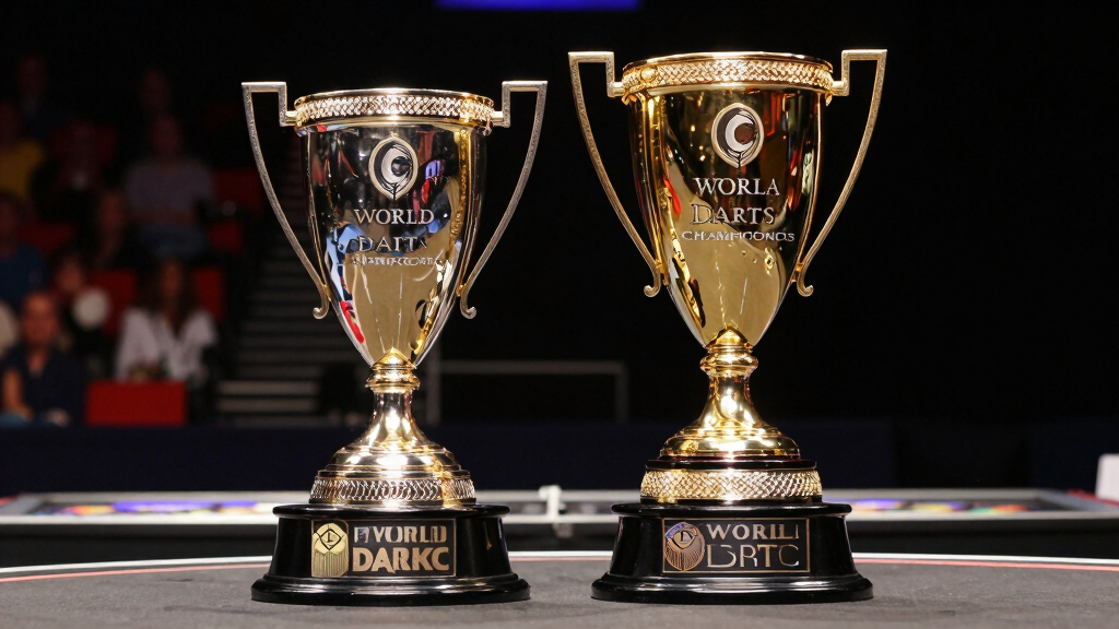 Two PDC World Darts Championship trophies representing Gary Anderson's 2015 and 2016 wins