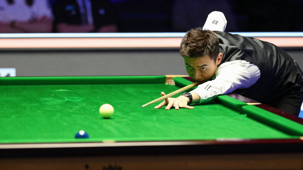 Snooker player Gary Wilson making precise shot at championship table, green baize