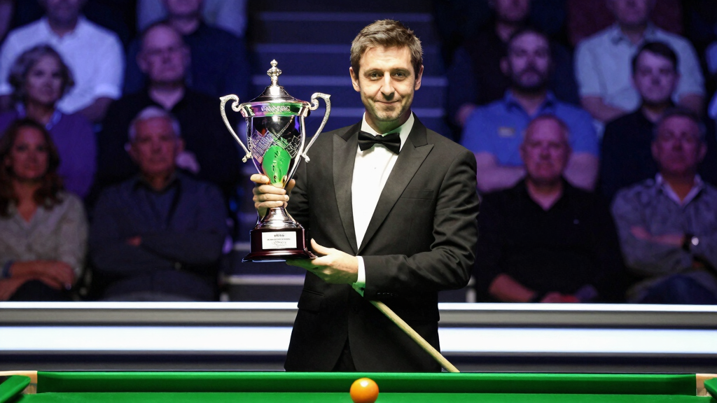 Snooker player celebrating ranking title win holding trophy at ceremony