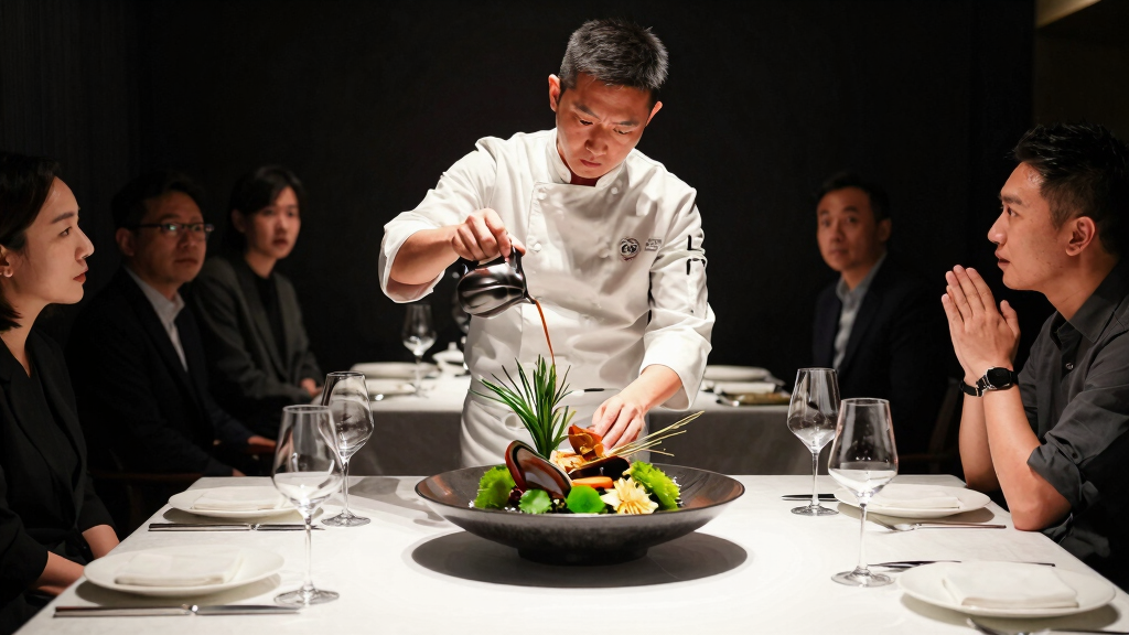 Chef presenting theatrical molecular cuisine dish to surprised fine dining guests