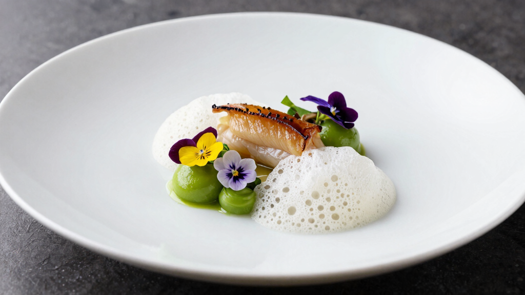 Avant-garde molecular gastronomy dish with foam elements edible flowers and unusual textures