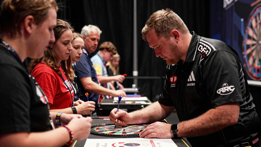 A darts player connecting with fans at a PDC event — James Wade is known for his engagement with supporters