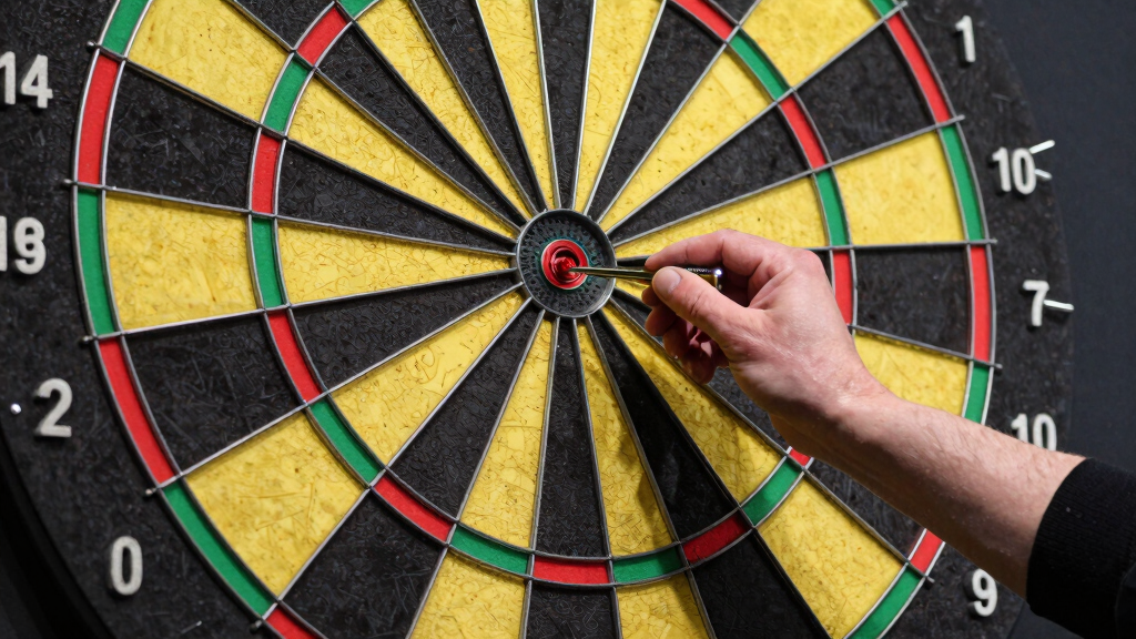Darts precision shot showing double 10 finish on dartboard