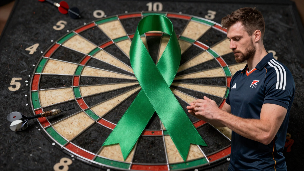 Mental health awareness ribbon with darts imagery representing James Wade's advocacy