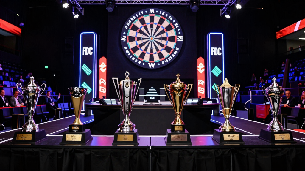Multiple PDC darts championship trophies representing James Wade's 38 career titles