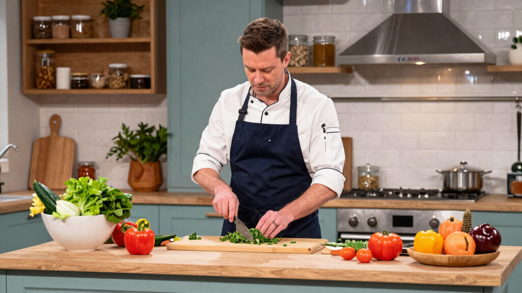 Celebrity chef demonstrating simple home cooking in a TV kitchen studio