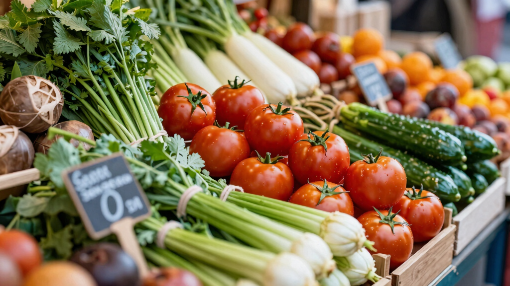 Fresh colourful Mediterranean vegetables herbs and ingredients at market