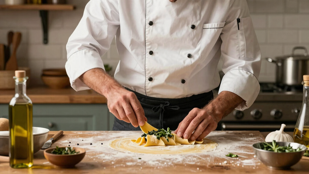 Professional chef cooking in an Italian restaurant kitchen with fresh ingredients