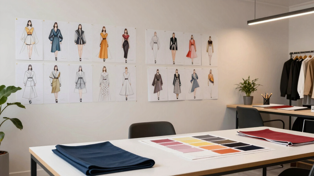 Fashion design studio with clothing sketches and fabric swatches