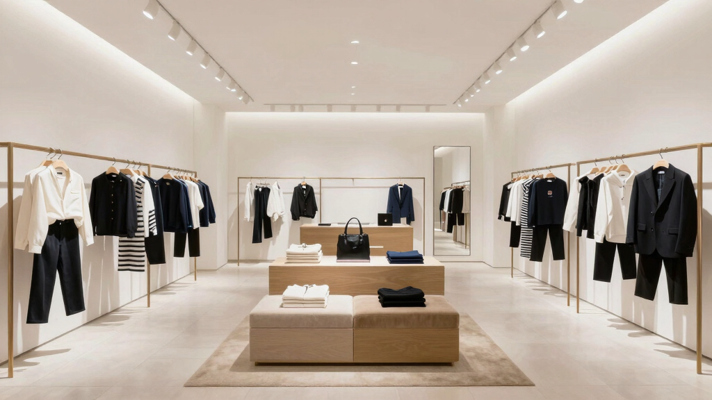 Modern minimalist fashion retail store in the style of Club Monaco