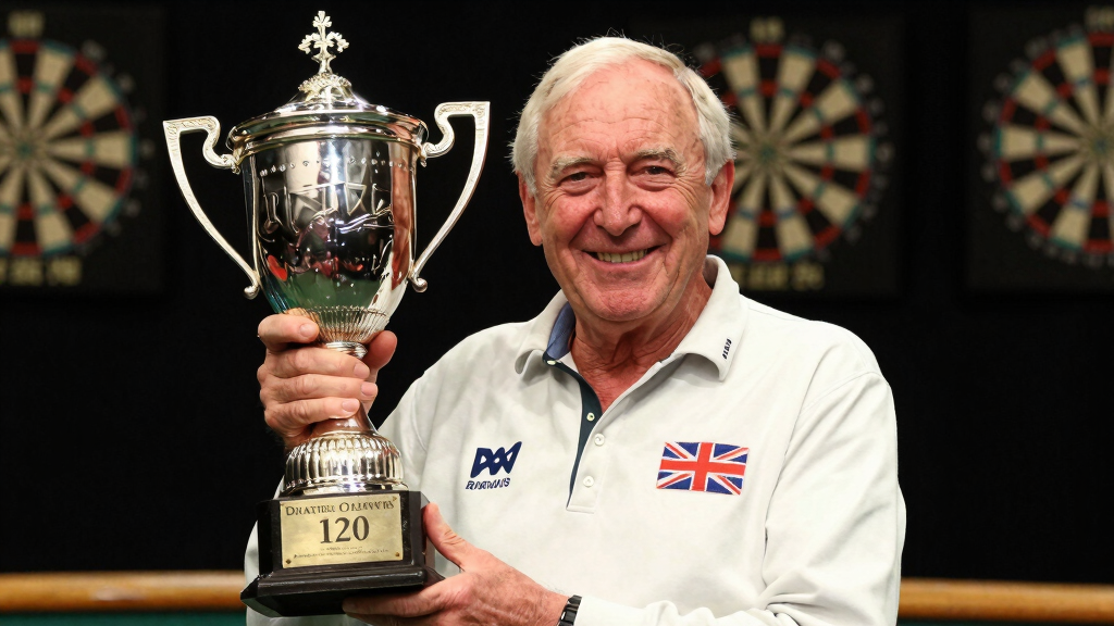 A darts champion celebrating with a trophy — reflecting John Lowe's three world title victories