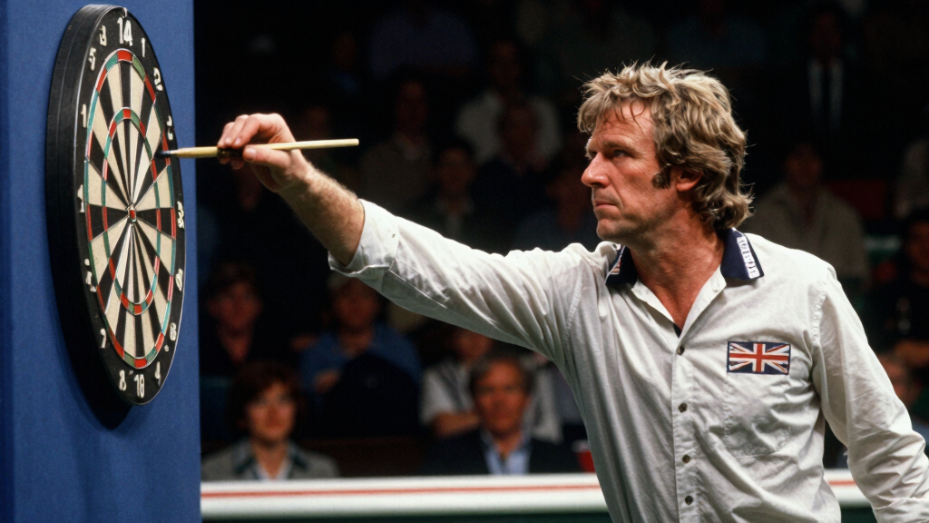 John Lowe focused at the oche — the concentration that earned him the nickname Old Stoneface
