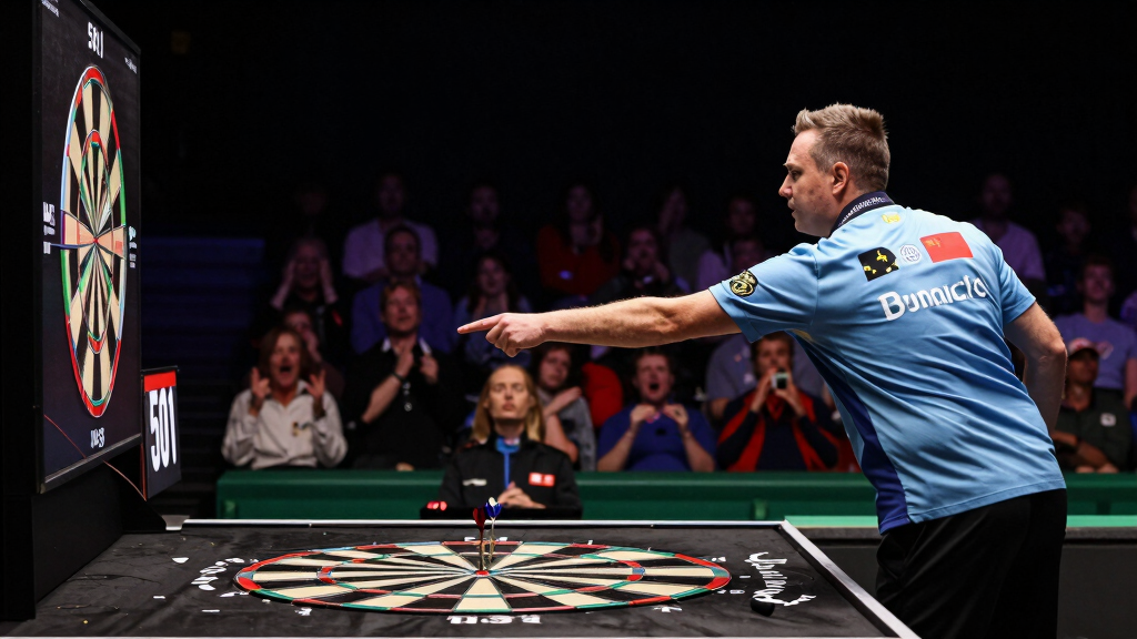 A darts player completing a perfect nine-dart finish — the historic achievement John Lowe made in 1984