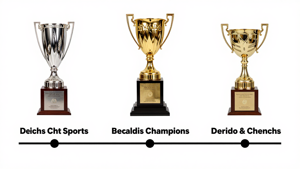 Three era championship trophies symbolizing John Lowe winning world titles across three decades