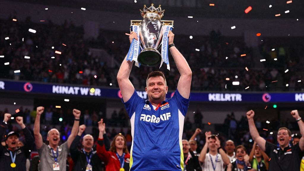 Darts player Premier League trophy celebration