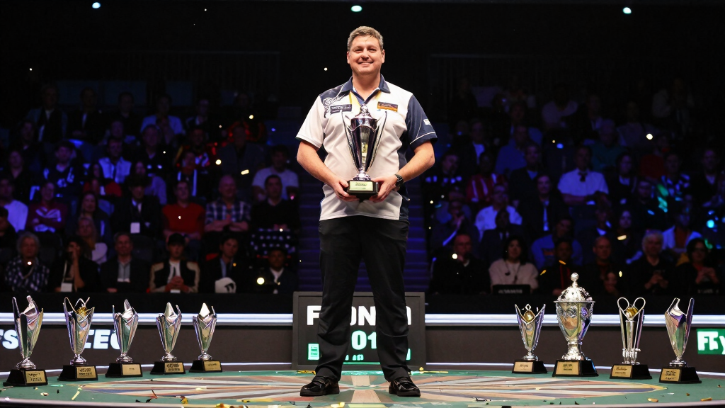 Grand Slam of Darts trophy victory celebration stage