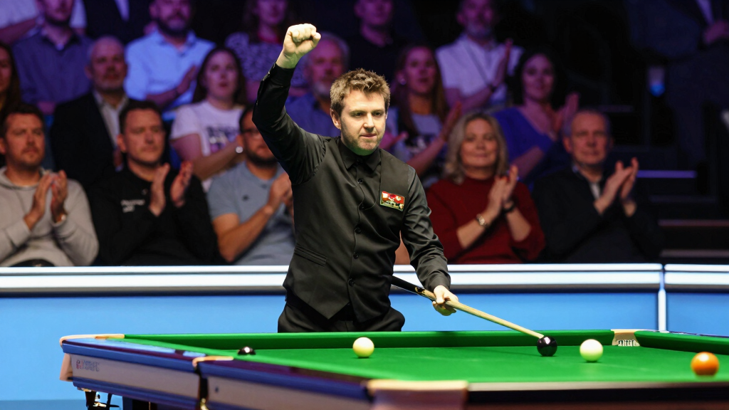 Snooker player celebrating century break with raised cue, tournament crowd applauding