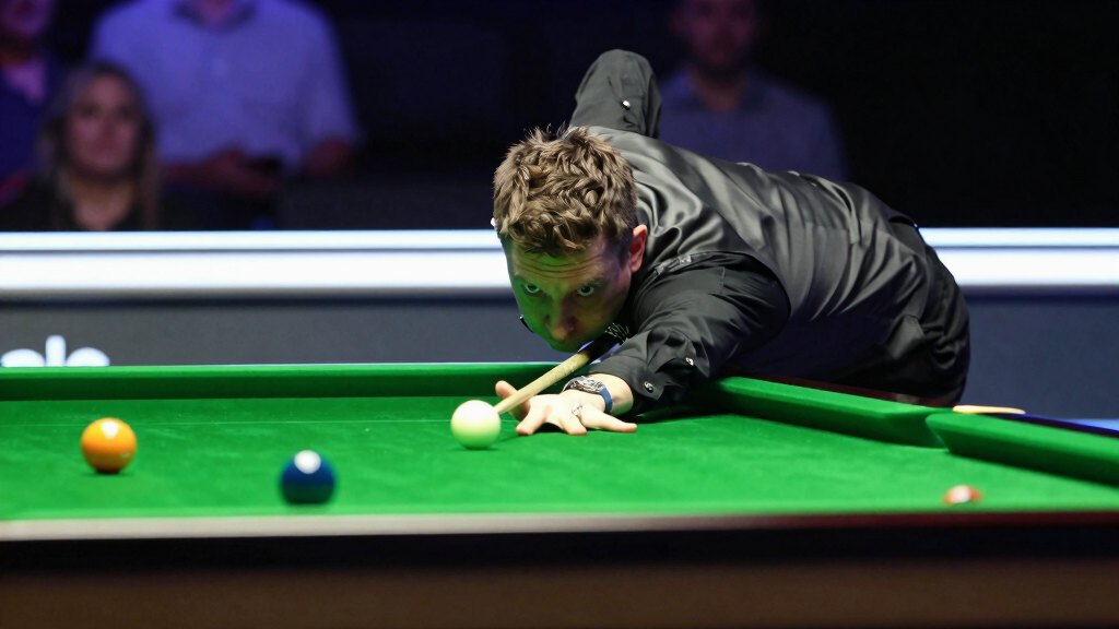 Professional snooker player taking a precise shot on the table