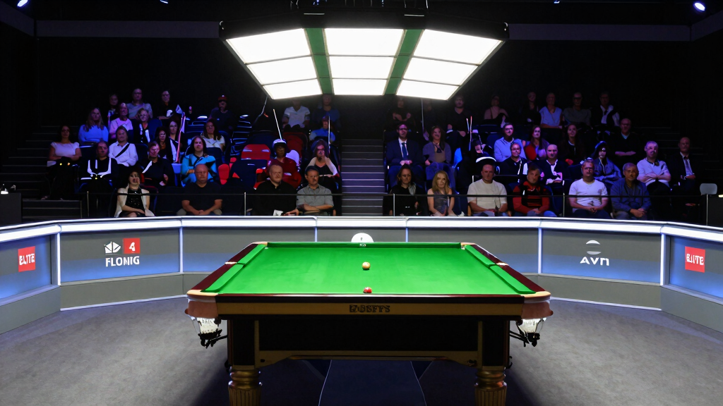 Professional snooker tournament venue with spotlights illuminating table, audience watching match