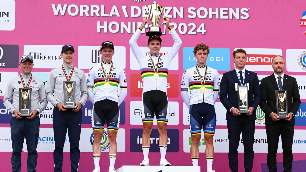 Cycling trophy rainbow jersey world champion celebration podium sports achievement