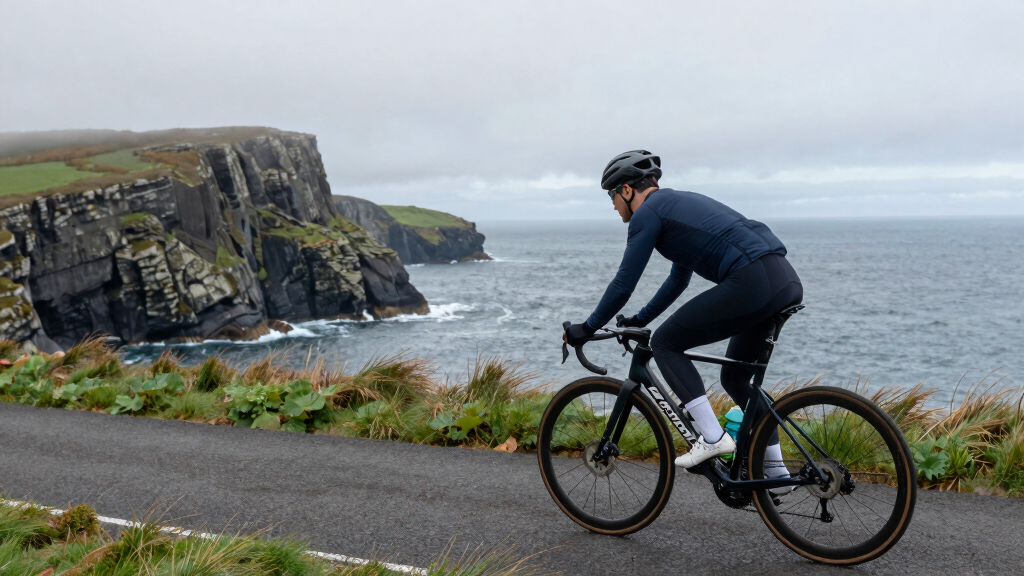 Professional cyclist training on Isle of Man coastal cliffs sea views British cycling