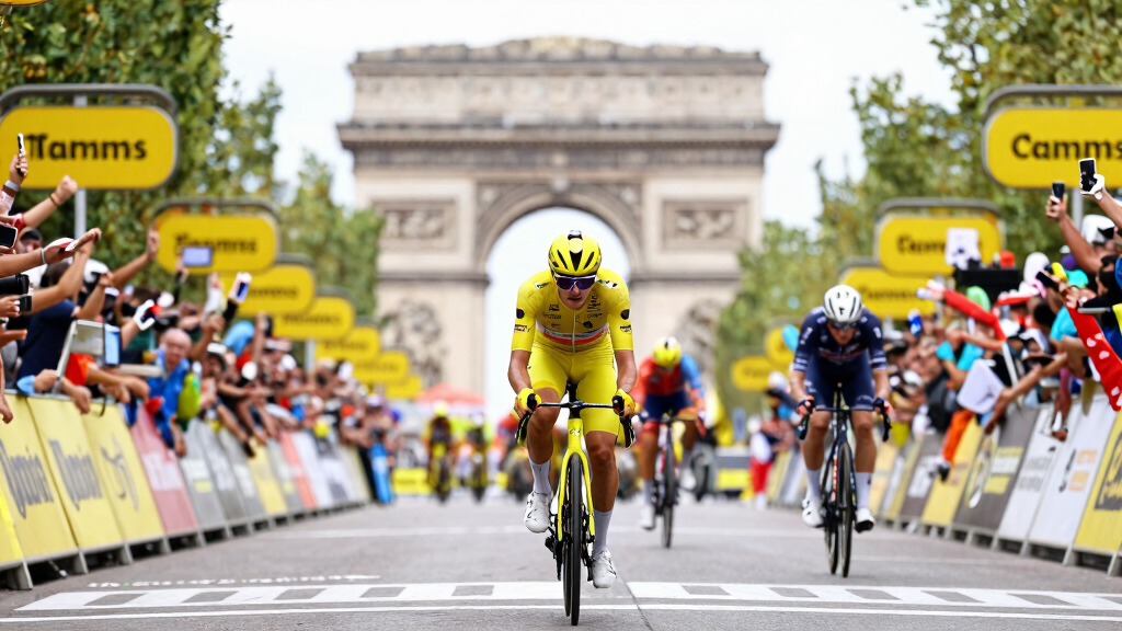 Tour de France cycling sprint finish yellow jersey crowd Champs Elysees Paris