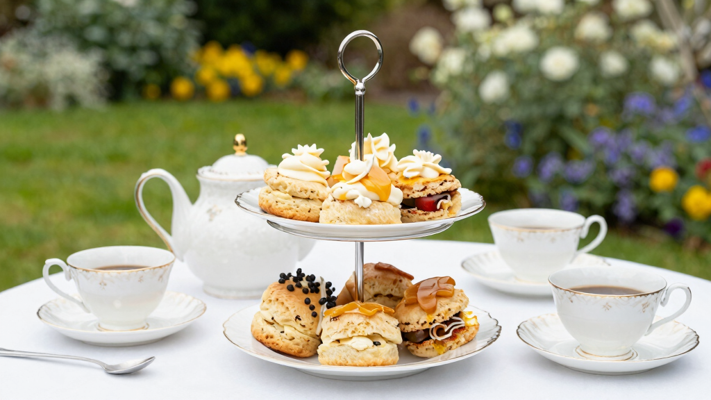 Classic British afternoon tea spread with Victoria sponge scones and fine china teacups